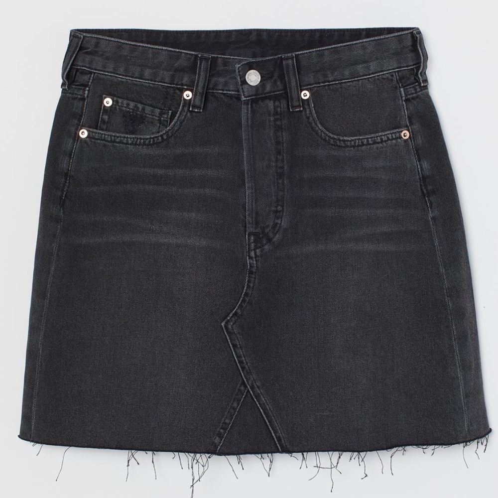 H&M Black Denim Mini Skirt with Frayed Raw Edge Hem Size 12